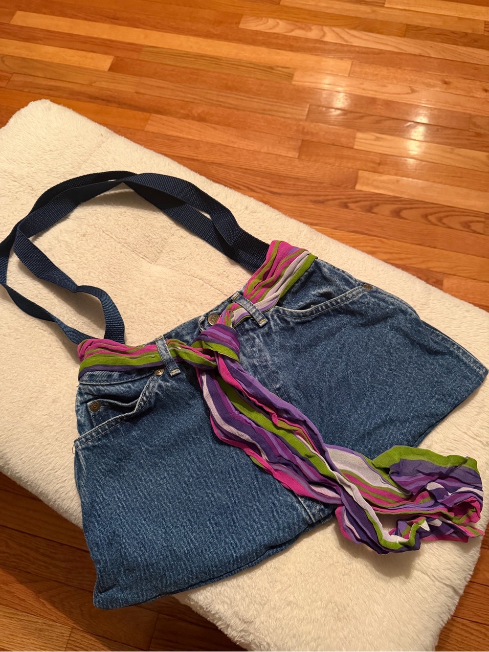 Denim Tote Bag with Multicolor Scarf Accent - Blue